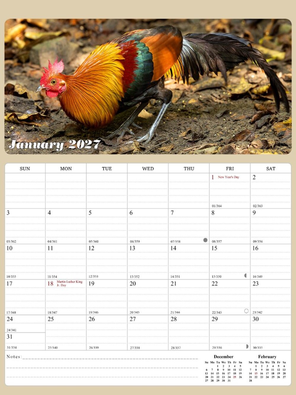2027 Calendar Magnetic Peel & Stick 12 Months 8.5" x 11" Roosters